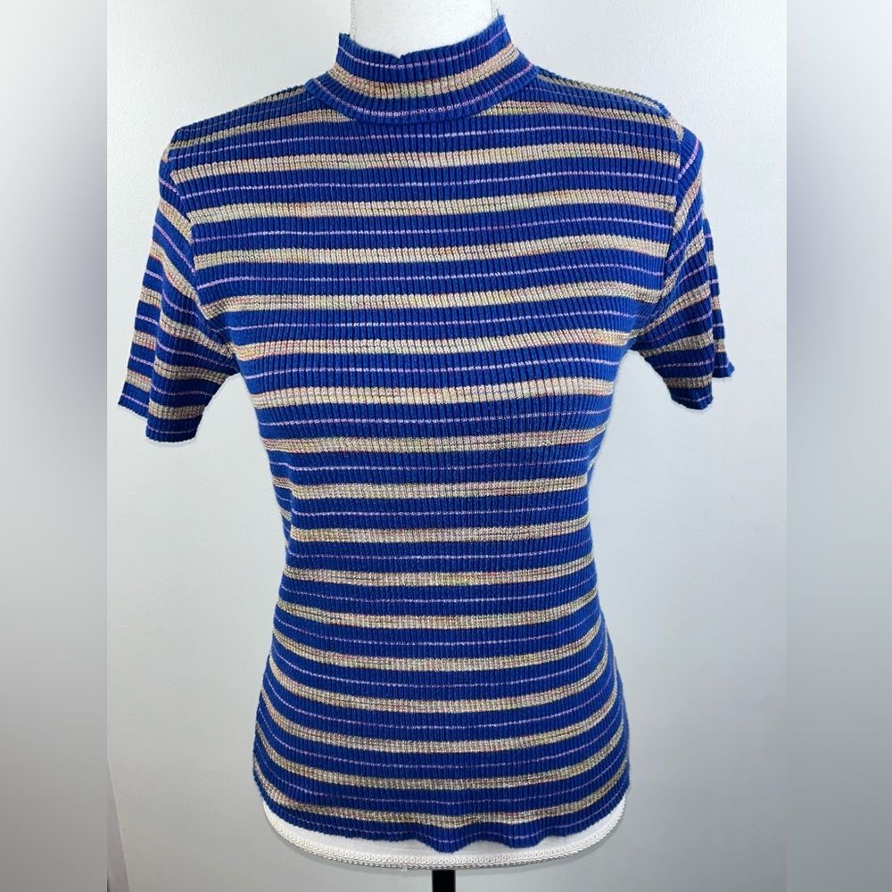 Directives Vintage Mock Neck knit blue gray pink stripe sweater sz M Made in USA